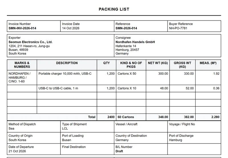 Packing list made from the same entry