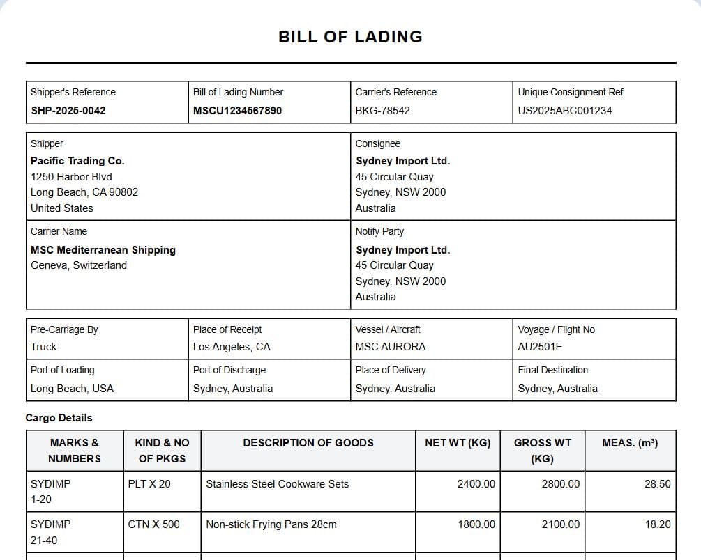Sample Bill of Lading made with ovrseas