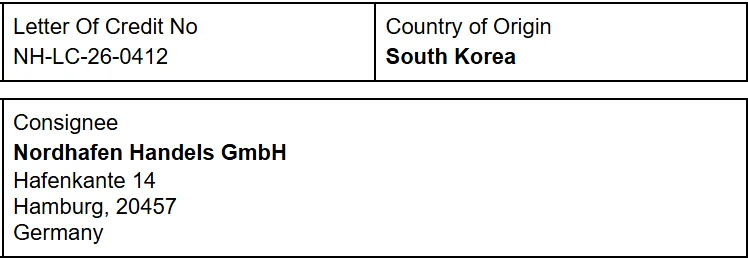 An ovrseas certificate of origin: country of origin South Korea, consignee Nordhafen Handels GmbH, Hamburg