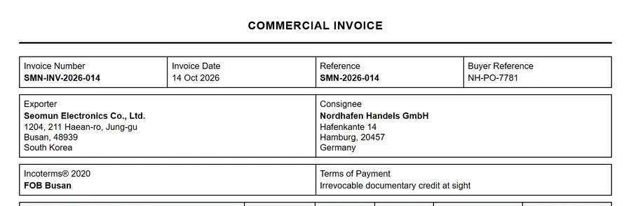 The top of an ovrseas commercial invoice: exporter, consignee, Incoterms and payment terms